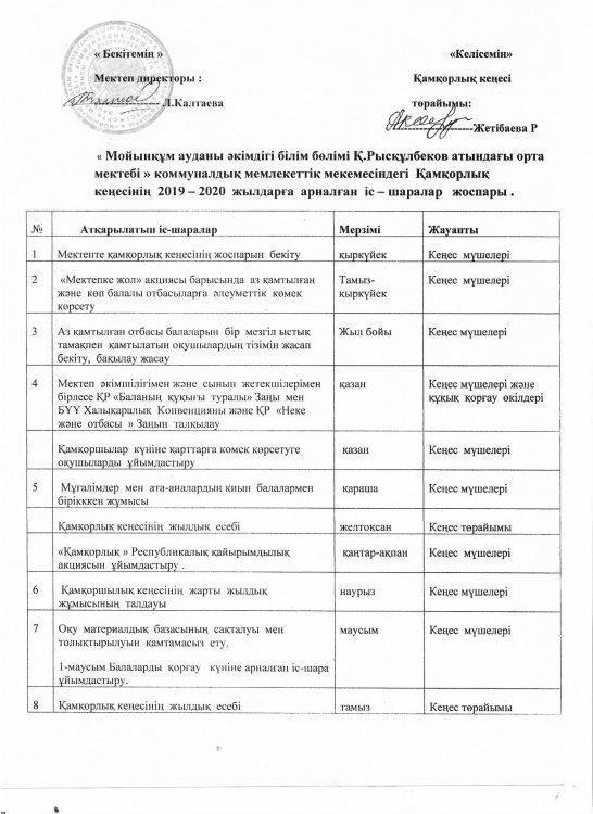 Қамқоршылық кеңесінің 2019-2020 жылдарға арналған іс-шаралар жоспары