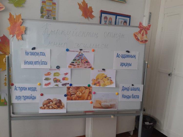 "Жамбыл облысы әкімдігінің  білім басқармасы  Мойынқұм  ауданының білім бөлімінің  Қ.Рысқұлбеков атындағы  орта мектебі" коммуналдық  мемлекеттік мекемесінде Ыстық тамаққа байланысты , дұрыс тамақтану тақырыбына тәрбие сағаты