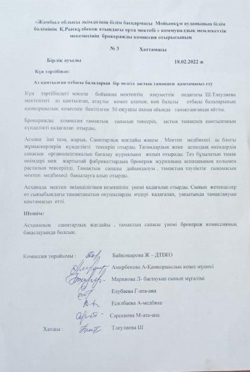 Аз қамтылған отбасы балаларын бір мезгіл ыстық тамақпен қамтамасыз ету
