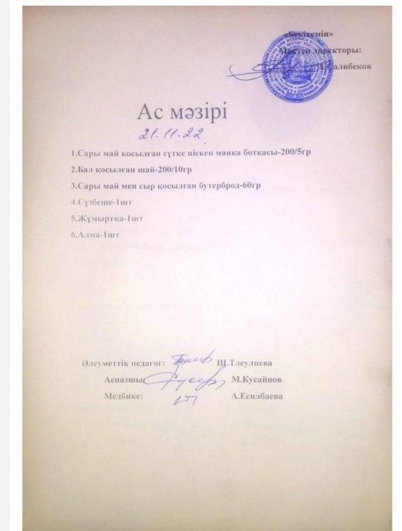 Аз қамтылған балаларға берілетін тамақ менюі