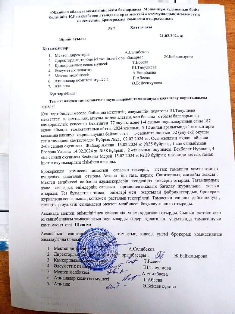 "Жамбыл облысы әкімдігінің  білім басқармасы Мойынқұм ауданының білім бөлімінің Қ.Рысқұлбеков  атындағы орта мектебі "Education Department of Kerbulak districtнің бракеражды комиссия отырысының №7 ХАТТАМАСЫ