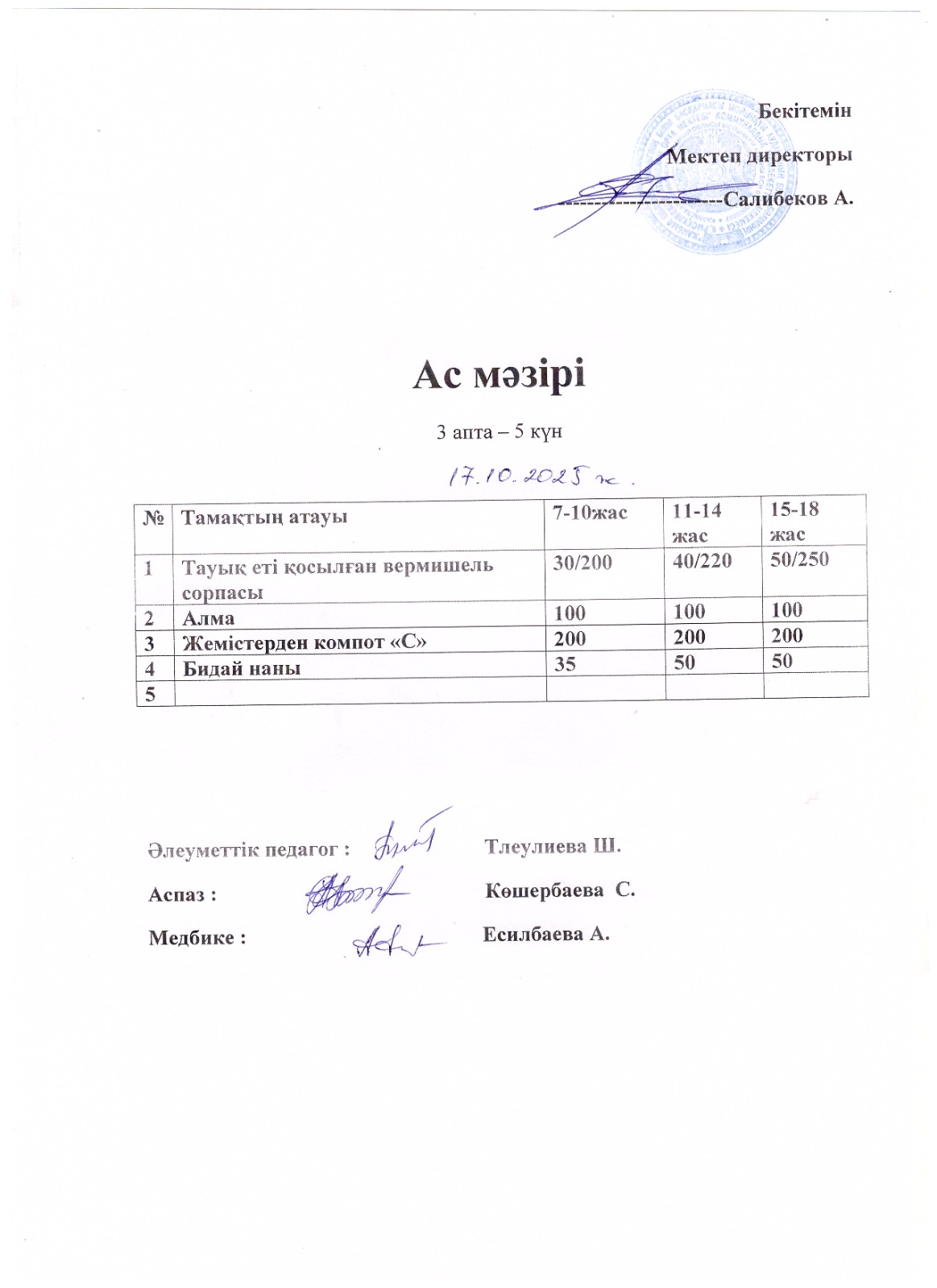 Мектеп асханасының ас мәзірі