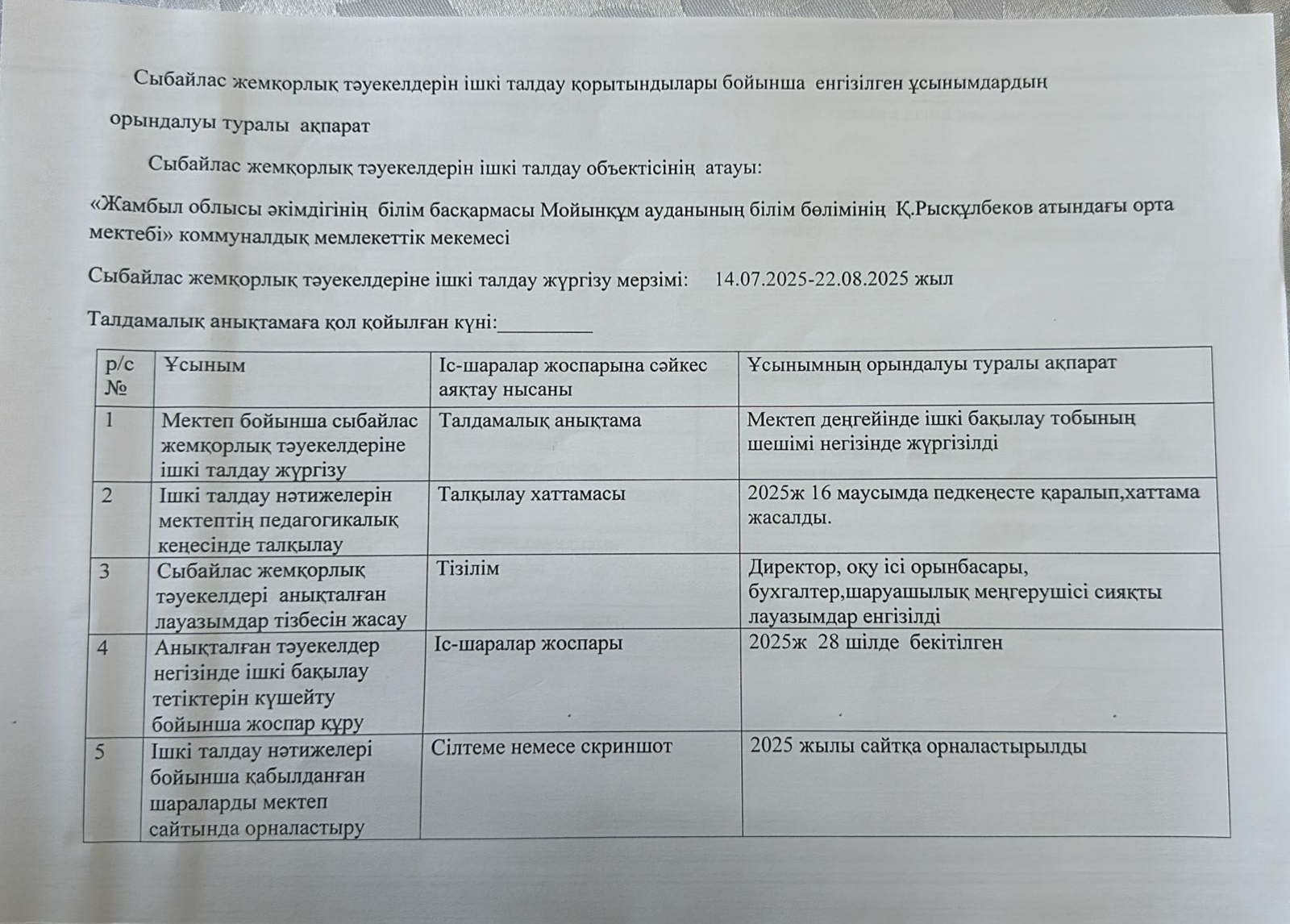Сыбайлас жемқорлық тәуекелдерін ішкі талдау қортындылары бойынша енгізілген ұсынымдардың орындалуы туралы ақпарат